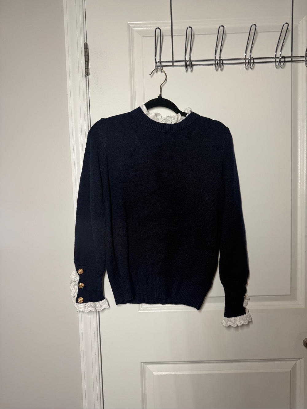 Navy Crewneck Sweater with Gold Button Cuffs and Lace Trim